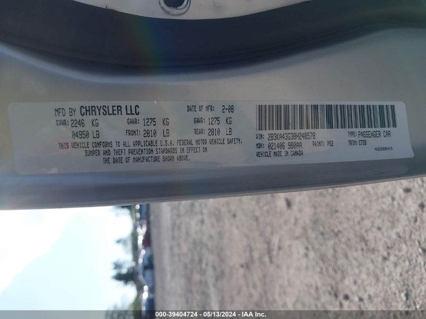 2008 Dodge Charger VIN: 2B3KA43G38H248578 Lot: 39404724