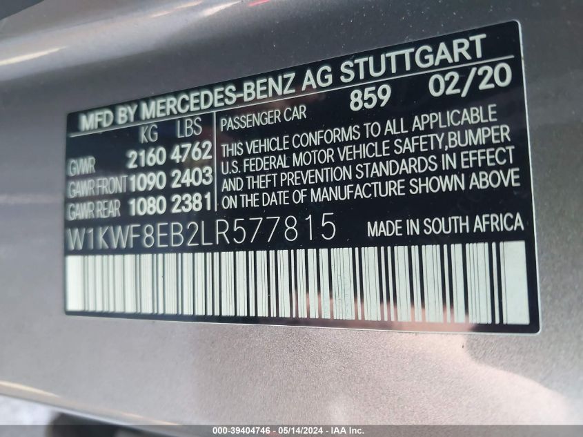 2020 Mercedes-Benz C 300 300 4Matic VIN: W1KWF8EB2LR577815 Lot: 39404746