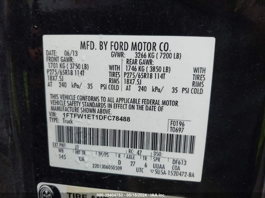 2013 Ford F-150 Xlt VIN: 1FTFW1ET1DFC78488 Lot: 39404753