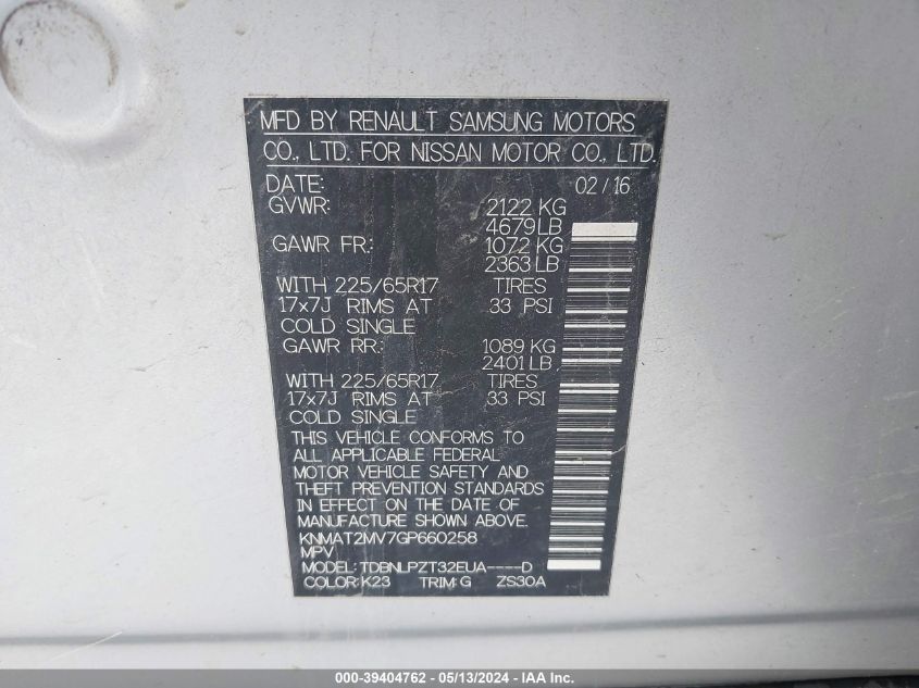 2016 Nissan Rogue S VIN: KNMAT2MV7GP660258 Lot: 39404762