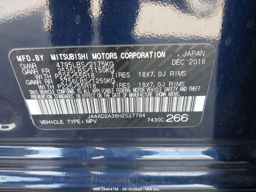 2017 Mitsubishi Outlander Es VIN: JA4AD2A38HZ027784 Lot: 39404765