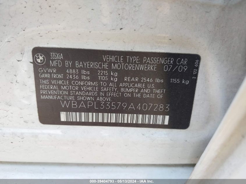2009 BMW 335I xDrive VIN: WBAPL33579A407283 Lot: 39404793