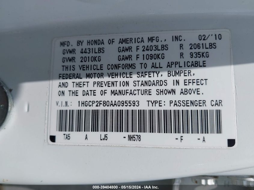 2010 Honda Accord Exl VIN: 1HGCP2F80AA095593 Lot: 39404800