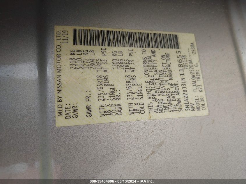 2020 Nissan Murano Sv Fwd VIN: 5N1AZ2BJ3LN118655 Lot: 39404806