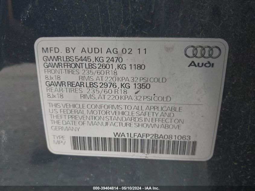 2011 Audi Q5 2.0T Premium VIN: WA1LFAFP2BA081063 Lot: 39404814