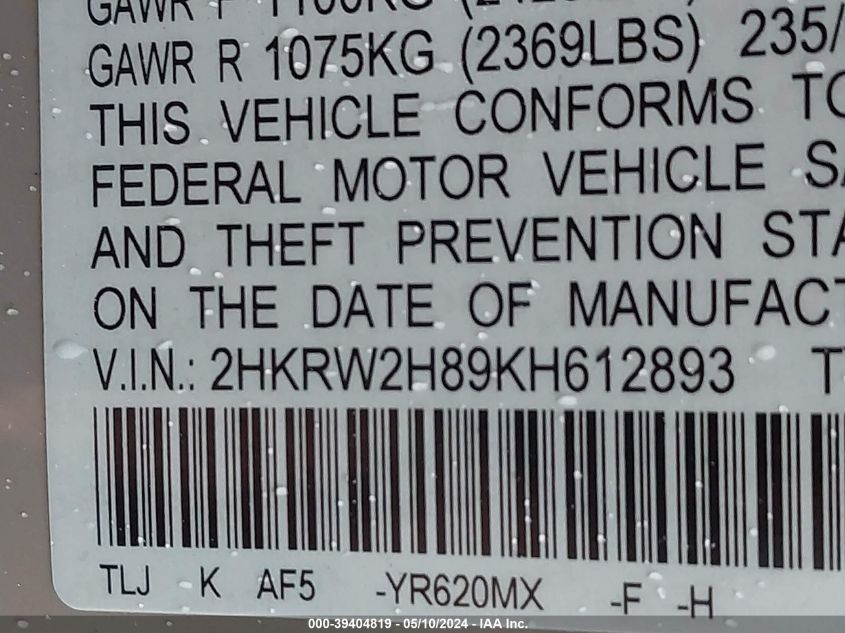 2019 Honda Cr-V Ex-L VIN: 2HKRW2H89KH612893 Lot: 39404819