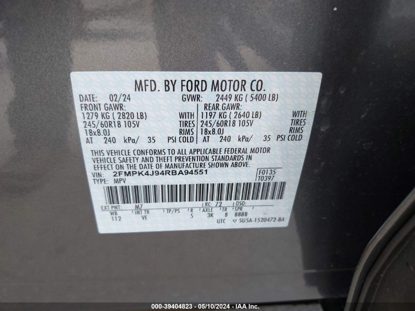 2024 Ford Edge Sel VIN: 2FMPK4J94RBA94551 Lot: 39404823