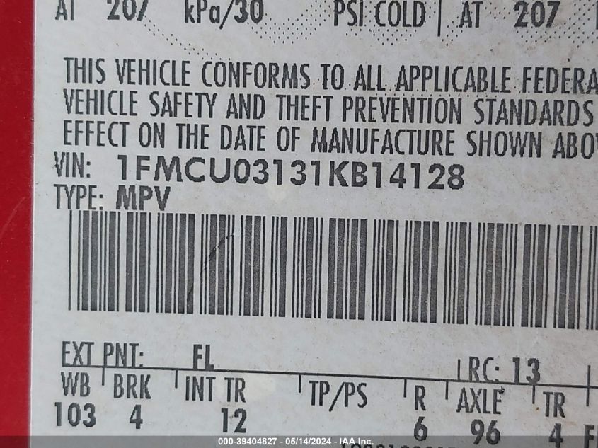 2001 Ford Escape Xlt VIN: 1FMCU03131KB14128 Lot: 39404827