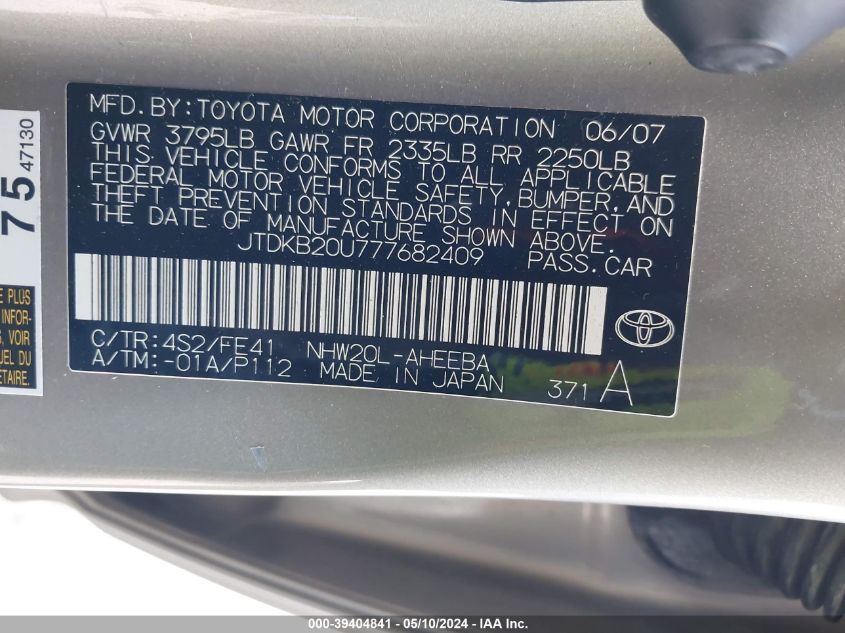 2007 Toyota Prius VIN: JTDKB20U777682409 Lot: 39404841