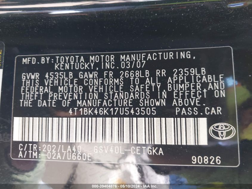 2007 Toyota Camry Xle V6 VIN: 4T1BK46K17U543505 Lot: 39404876
