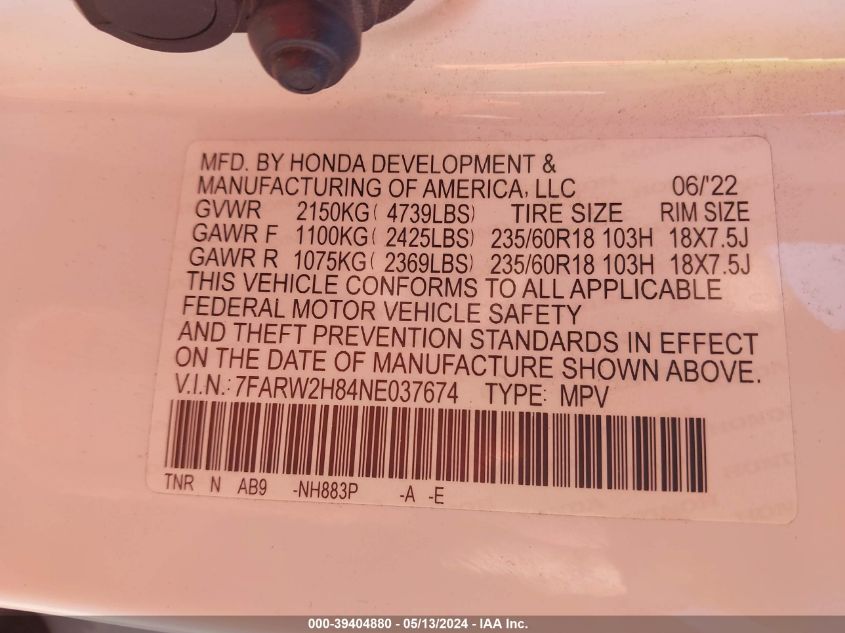 2022 Honda Cr-V Awd Ex-L VIN: 7FARW2H84NE037674 Lot: 39404880