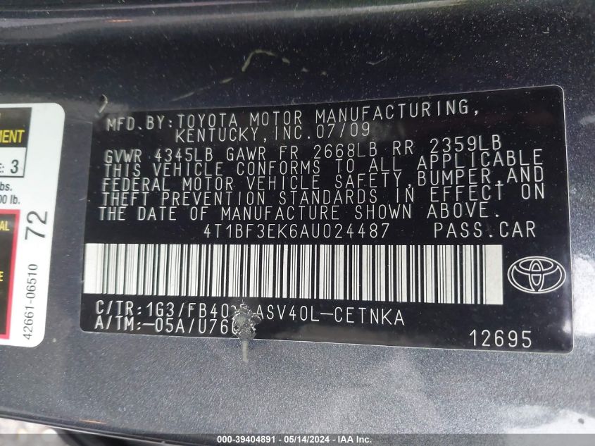 2010 Toyota Camry Le/Se/Xle VIN: 4T1BF3EK6AU024489 Lot: 39404891