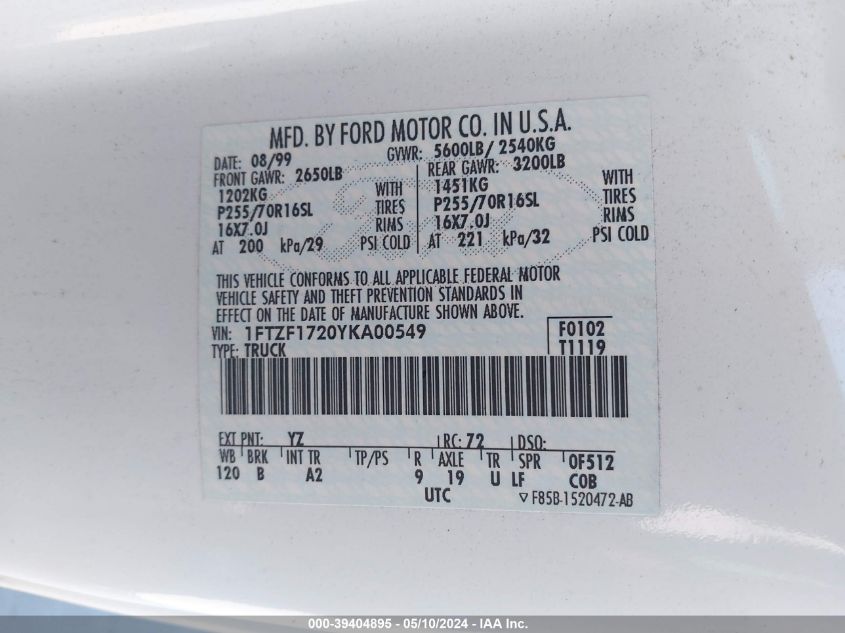 2000 Ford F-150 Work Series/Xl/Xlt VIN: 1FTZF1720YKA00549 Lot: 39404895