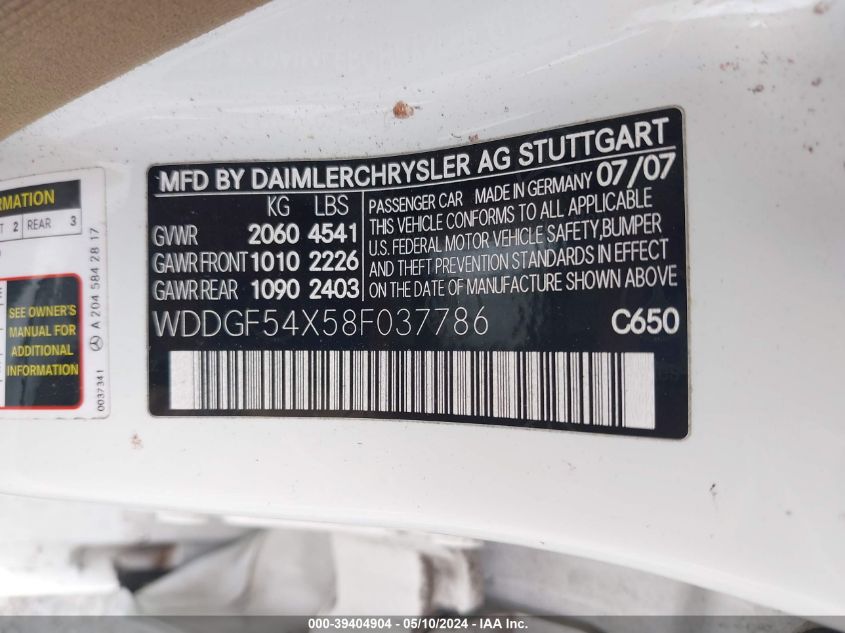 2008 Mercedes-Benz C 300 Luxury/Sport VIN: WDDGF54X58F037786 Lot: 39404904