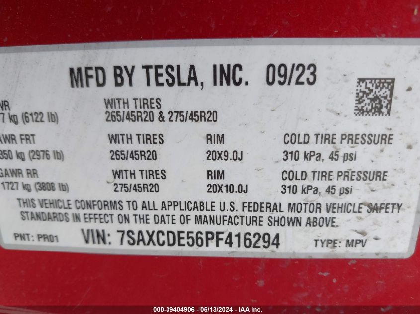 2023 Tesla Model X Dual Motor All-Wheel Drive/Standard Range VIN: 7SAXCDE56PF416294 Lot: 39404906