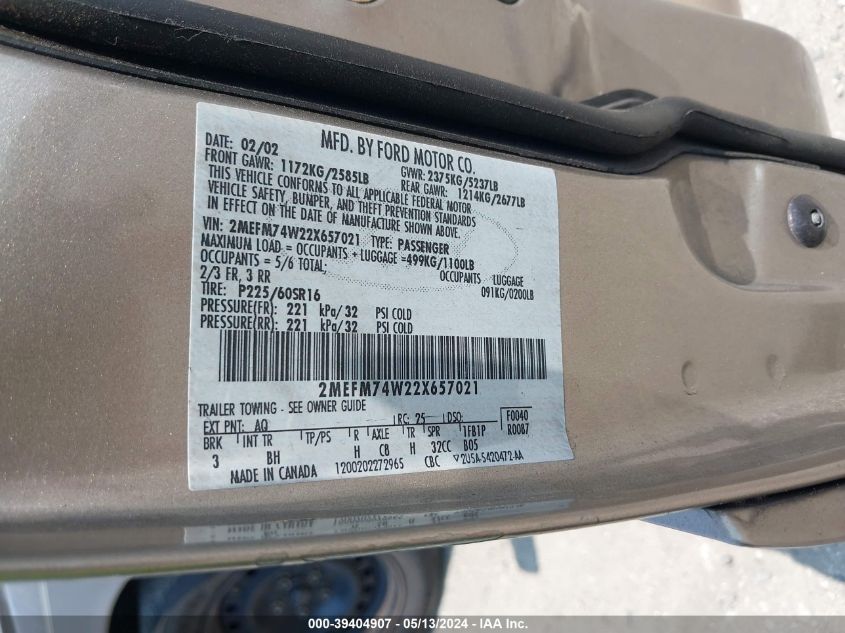2002 Mercury Grand Marquis Gs VIN: 2MEFM74W22X65702 Lot: 39404907