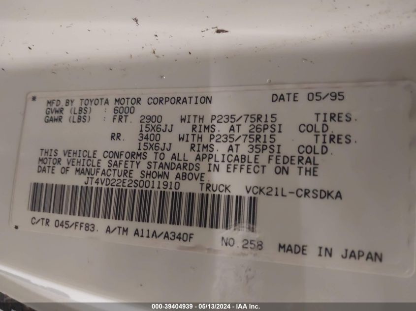 1995 Toyota T100 Xtracab Dx VIN: JT4VD22E2S0011910 Lot: 39404939