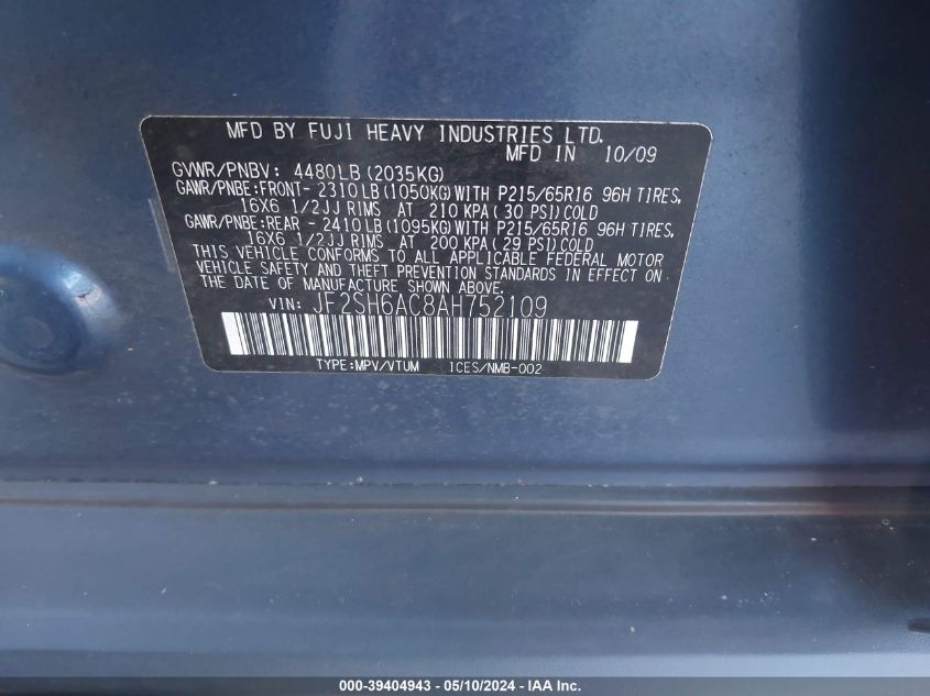 2010 Subaru Forester 2.5X VIN: JF2SH6AC8AH752109 Lot: 39404943