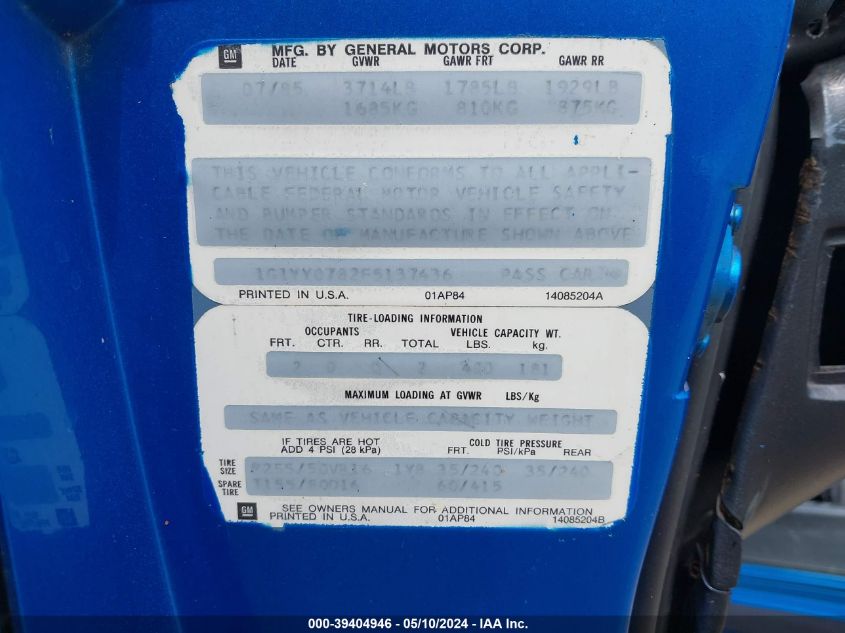 1985 Chevrolet Corvette VIN: 1G1YY0782F5137436 Lot: 39404946