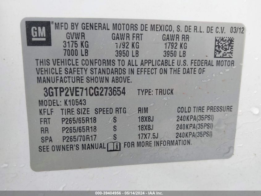 2012 GMC Sierra 1500 Sle VIN: 3GTP2VE71CG273654 Lot: 39404956