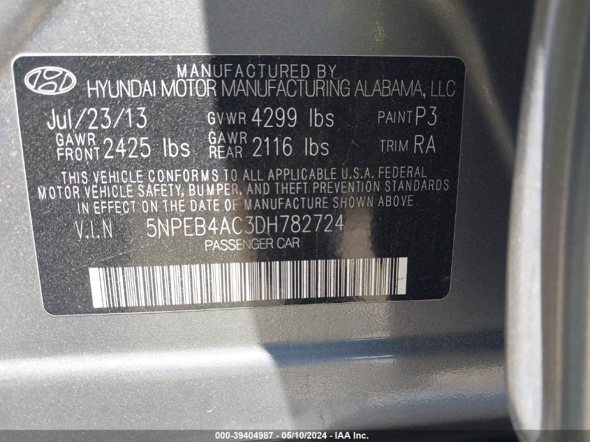 2013 Hyundai Sonata Gls VIN: 5NPEB4AC3DH782724 Lot: 39404987