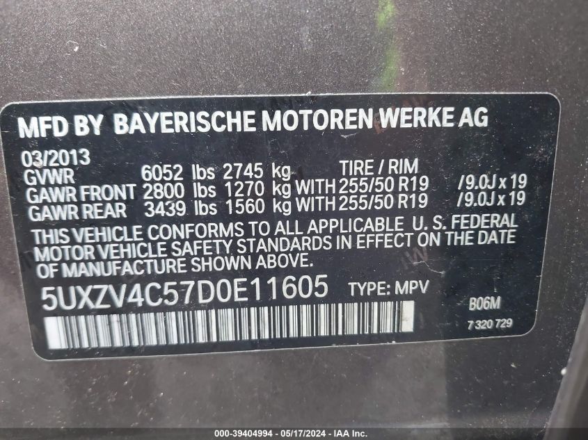 2013 BMW X5 xDrive35I/xDrive35I Premium/xDrive35I Sport Activity VIN: 5UXZV4C57D0E11605 Lot: 39404994