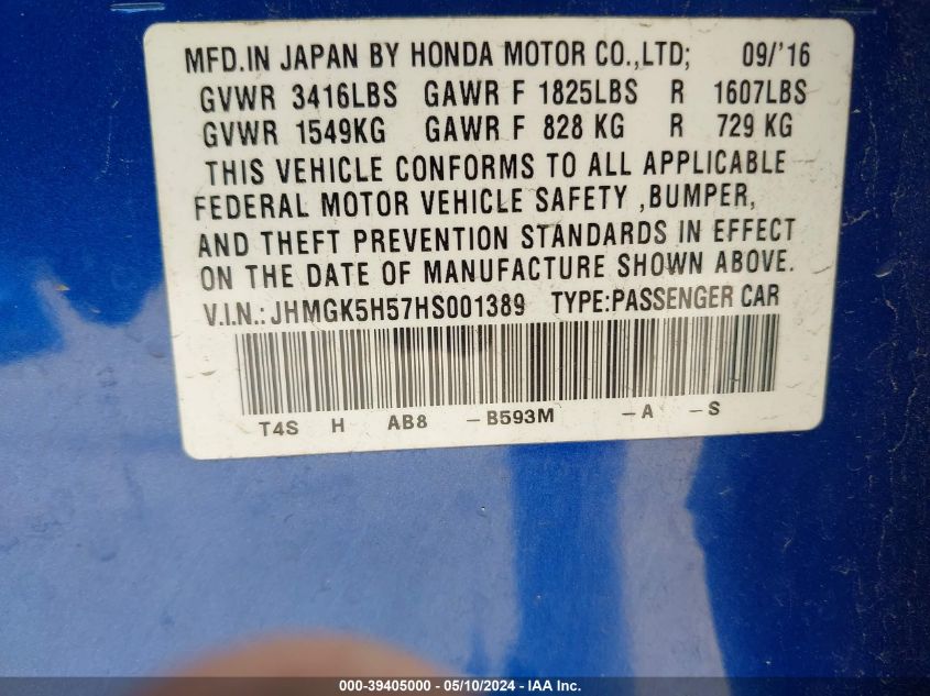 2017 Honda Fit Lx VIN: JHMGK5H57HS001389 Lot: 39405000