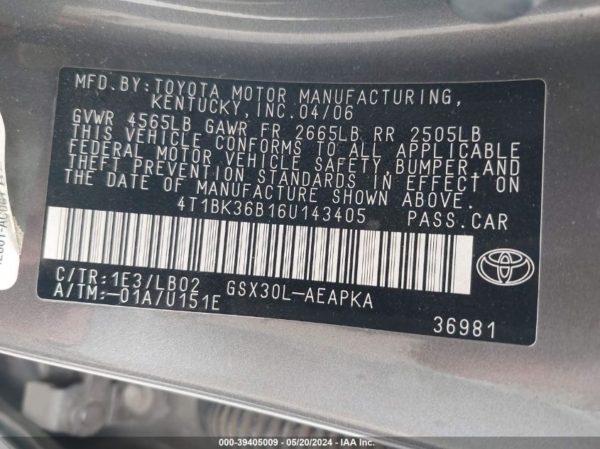 2006 Toyota Avalon Limited VIN: 4T1BK36B16U143405 Lot: 39405009