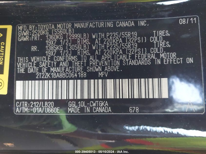 2011 Lexus Rx 350 VIN: 2T2ZK1BA8BC064188 Lot: 39405013