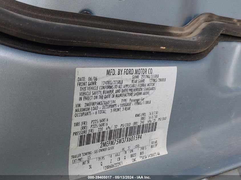 2007 Mercury Grand Marquis Ls VIN: 2MEFM75W37X601594 Lot: 39405017