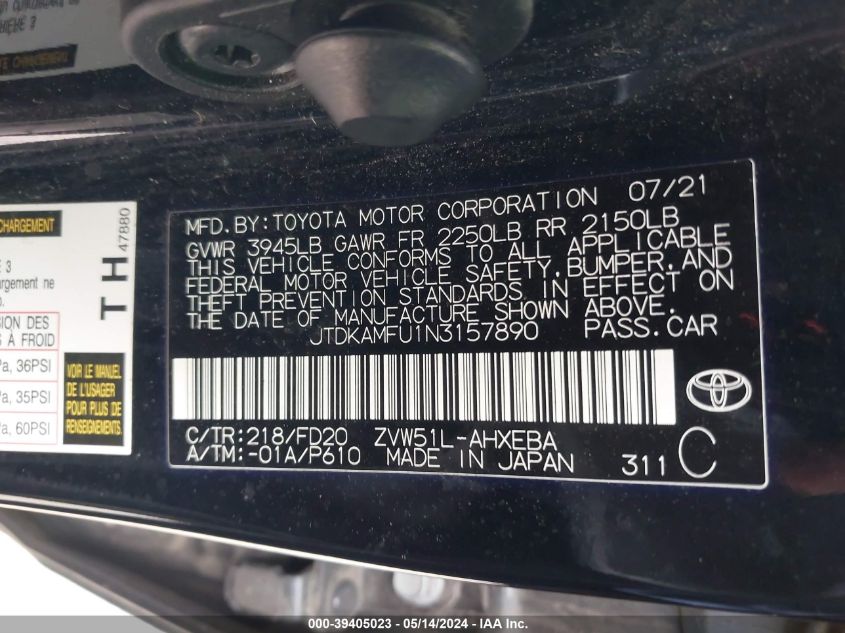 2022 Toyota Prius Le VIN: JTDKAMFU1N3157890 Lot: 39405023