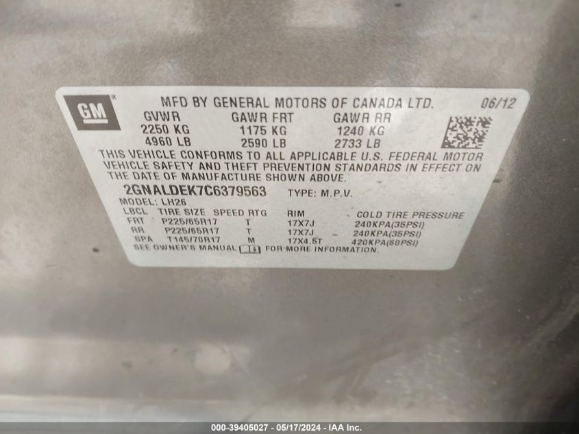2012 Chevrolet Equinox 1Lt VIN: 2GNALDEK7C6379563 Lot: 39405027