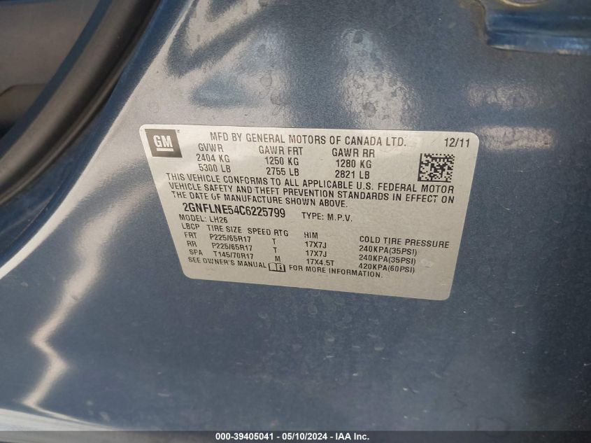 2012 Chevrolet Equinox 2Lt VIN: 2GNFLNE54C6225799 Lot: 39405041