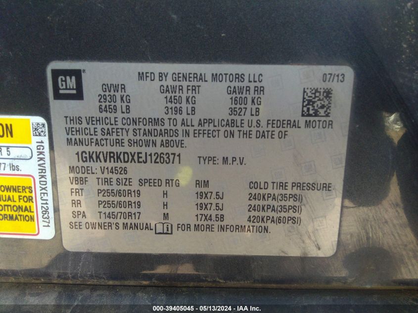 2014 GMC Acadia Slt-1 VIN: 1GKKVRKDXEJ126371 Lot: 39405045