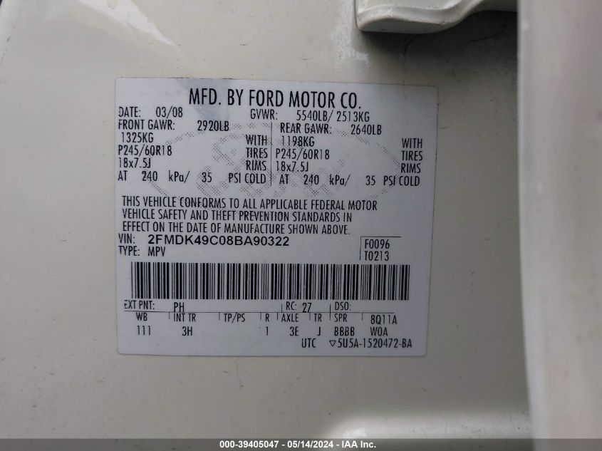 2008 Ford Edge Limited VIN: 2FMDK49C08BA90322 Lot: 39405047