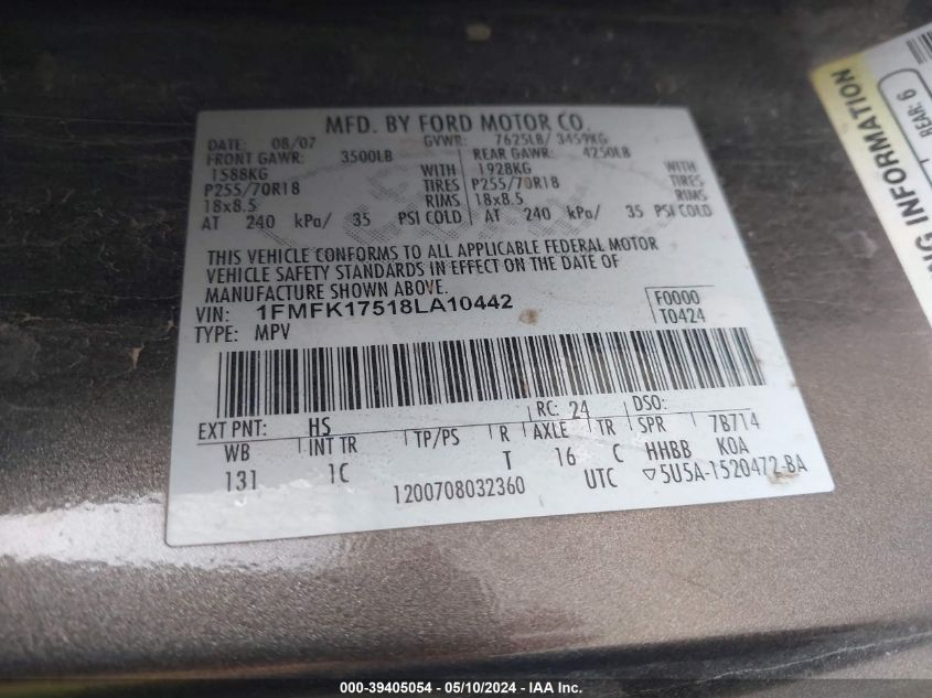 2008 Ford Expedition El Eddie Bauer/King Ranch VIN: 1FMFK17518LA10442 Lot: 39405054