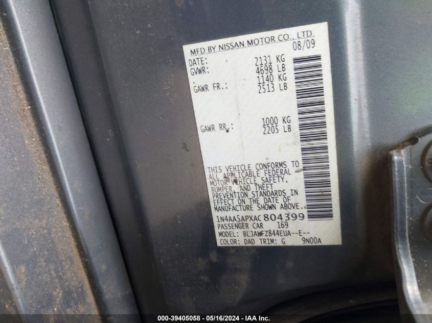 2010 Nissan Maxima 3.5 Sv VIN: 1N4AA5APXAC804399 Lot: 39405058