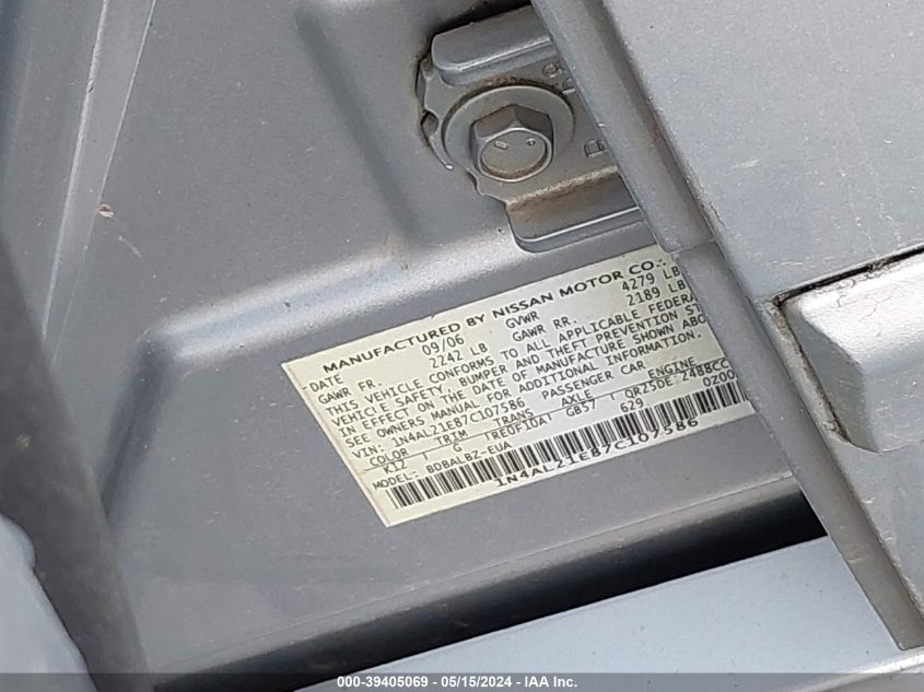 2007 Nissan Altima 2.5 S VIN: 1N4AL21E87C1075F8 Lot: 39405069