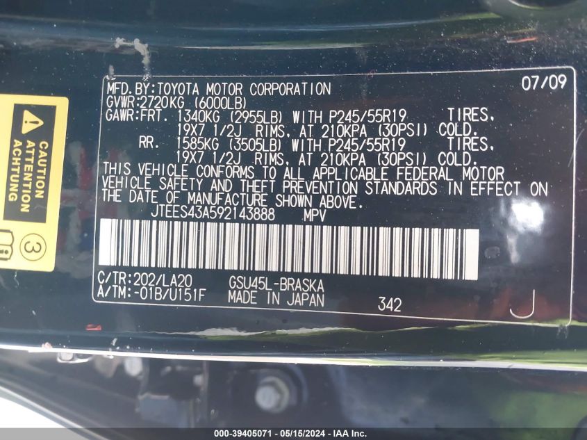 2009 Toyota Highlander Sport VIN: JTEES43A592143888 Lot: 39405071