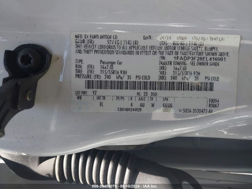 2014 Ford Focus Se VIN: 1FADP3F28EL416901 Lot: 39405076