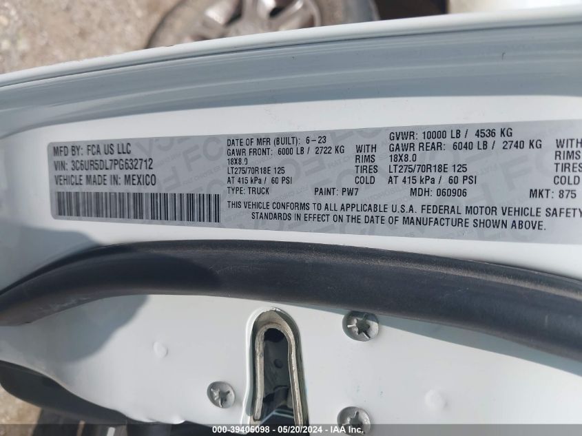 2023 Ram 2500 Big Horn 4X4 6'4 Box VIN: 3C6UR5DL7PG632712 Lot: 39405098