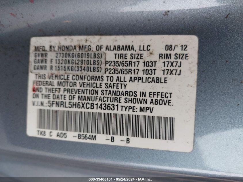 2012 Honda Odyssey Ex-L VIN: 5FNRL5H6XCB143631 Lot: 39405101