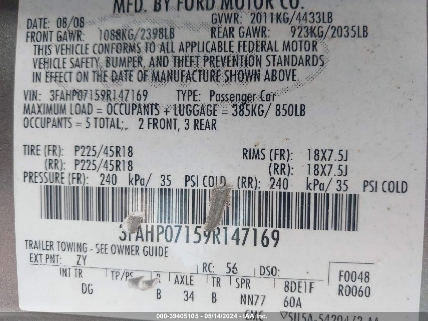 2009 Ford Fusion Se VIN: 3FAHP07159R147169 Lot: 39405105