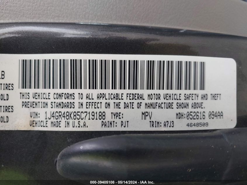 2005 Jeep Grand Cherokee Laredo VIN: 1J4GR48K85C719188 Lot: 39405108