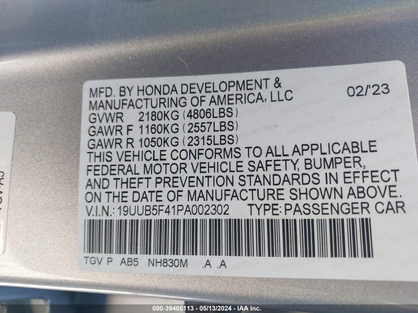 VIN 19UUB5F41PA002302 2023 ACURA TLX TECHNOLOGY