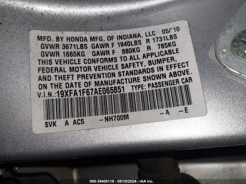 2010 Honda Civic Lx-S VIN: 19XFA1F67AE065851 Lot: 39405119