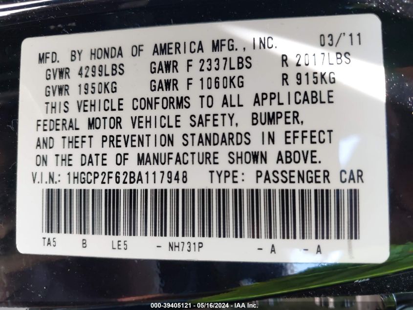 2011 Honda Accord 2.4 Se VIN: 1HGCP2F62BA117948 Lot: 39405121