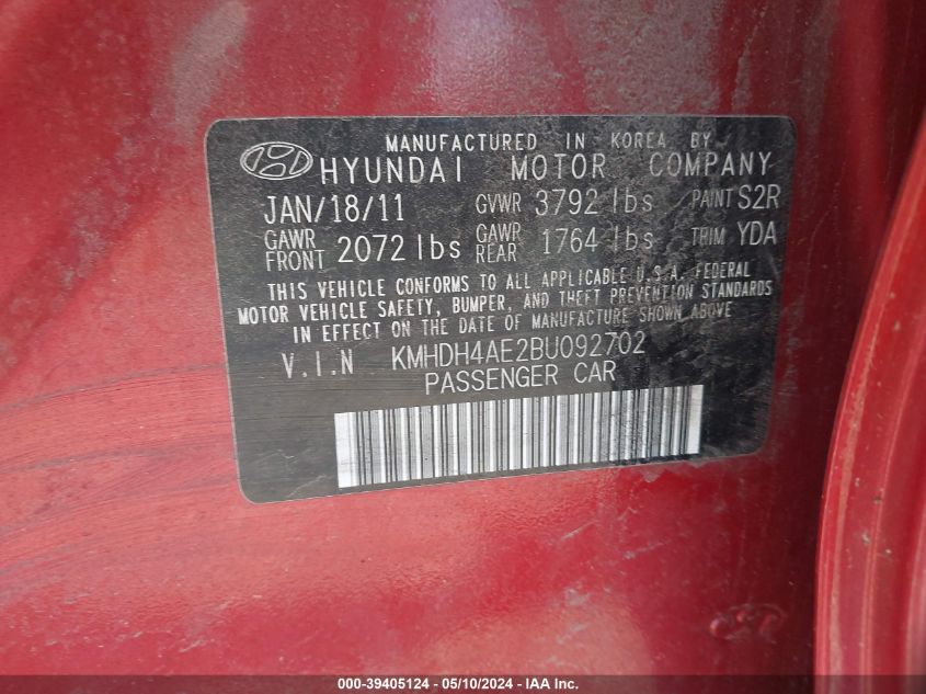 2011 Hyundai Elantra Limited (Ulsan Plant) VIN: KMHDH4AE2BU092702 Lot: 39405124