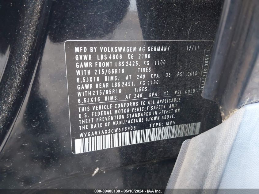 2012 Volkswagen Tiguan S VIN: WVGAV7AX3CW548906 Lot: 39405130
