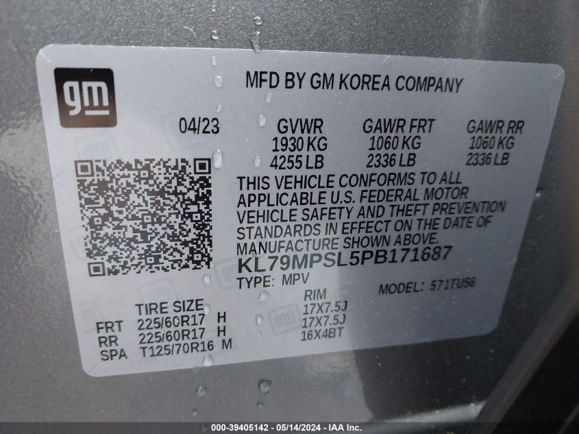 2023 Chevrolet Trailblazer Fwd Lt VIN: KL79MPSL5PB171687 Lot: 39405142